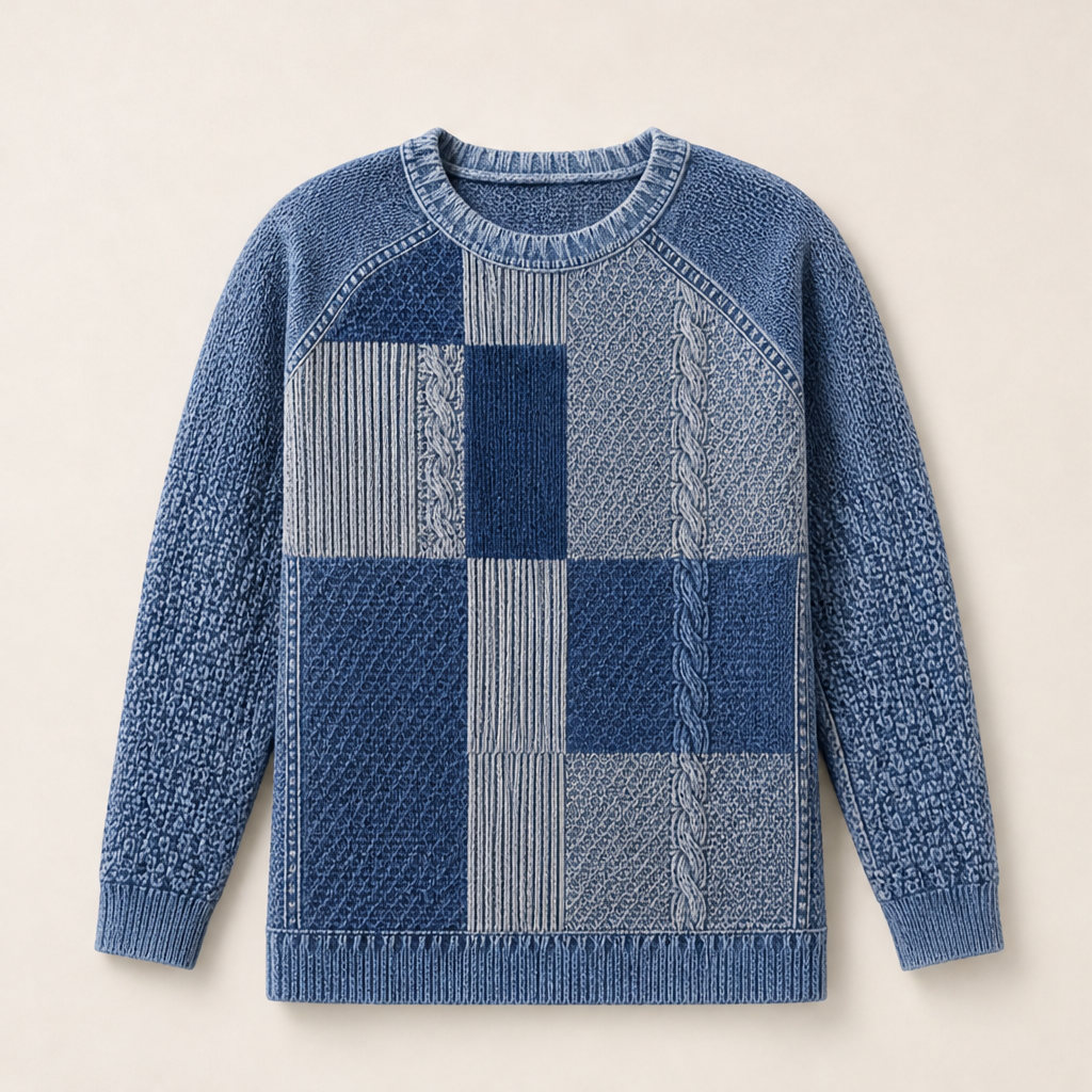 Dievina – Felpa Girocollo Patchwork Effetto Denim Navy