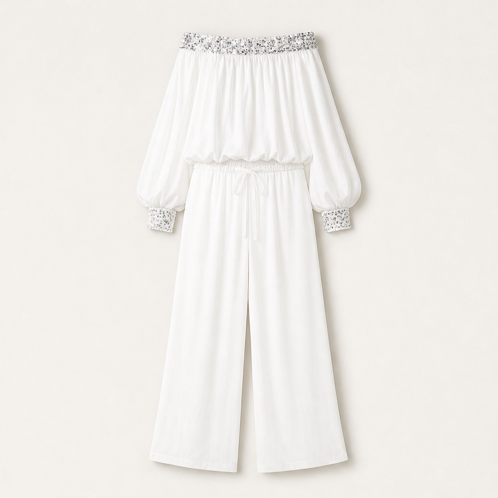 Marisol Women's Off-The-Shoulder Sequined Two-Piece Set - Wide Leg Drawstring Trousers Co-ord White