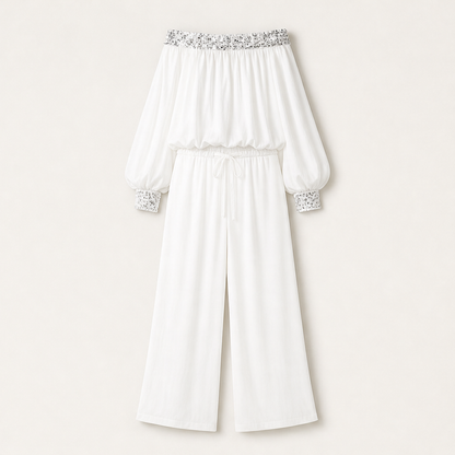 Marisol Women's Off-The-Shoulder Sequined Two-Piece Set - Wide Leg Drawstring Trousers Co-ord White