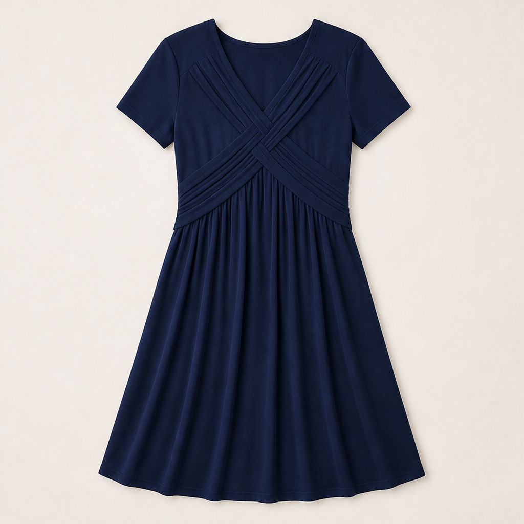 Verona Abito Donna Incrociato con Scollo a V Plissettato Linea ad A con Tasche - Abito Midi a Maniche Corte Blu Navy