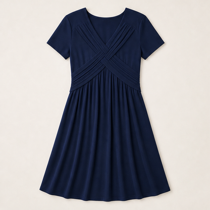 Verona Abito Donna Incrociato con Scollo a V Plissettato Linea ad A con Tasche - Abito Midi a Maniche Corte Blu Navy