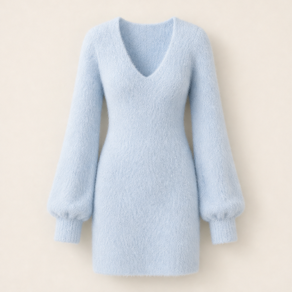 Morbiella – Minivestito in Maglia Fluffy Scollo a V Light Blue