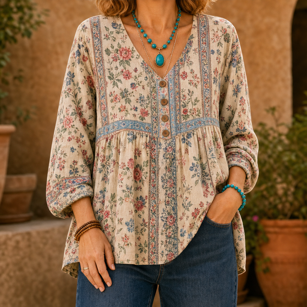 Blusa Scollo a V Fantasia Multicolor | Camicia Donna Comoda Boho Vintage - Vestibilità Ampia in Cotone Beige Floral