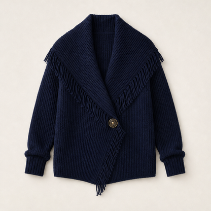 Fransetta – Cardigan in Maglia con Frange e Scialle Navy