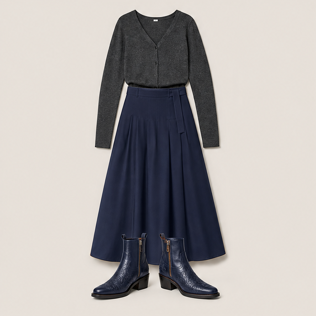 Velmara – Stivaletti Texani Ricamati in Pelle Navy