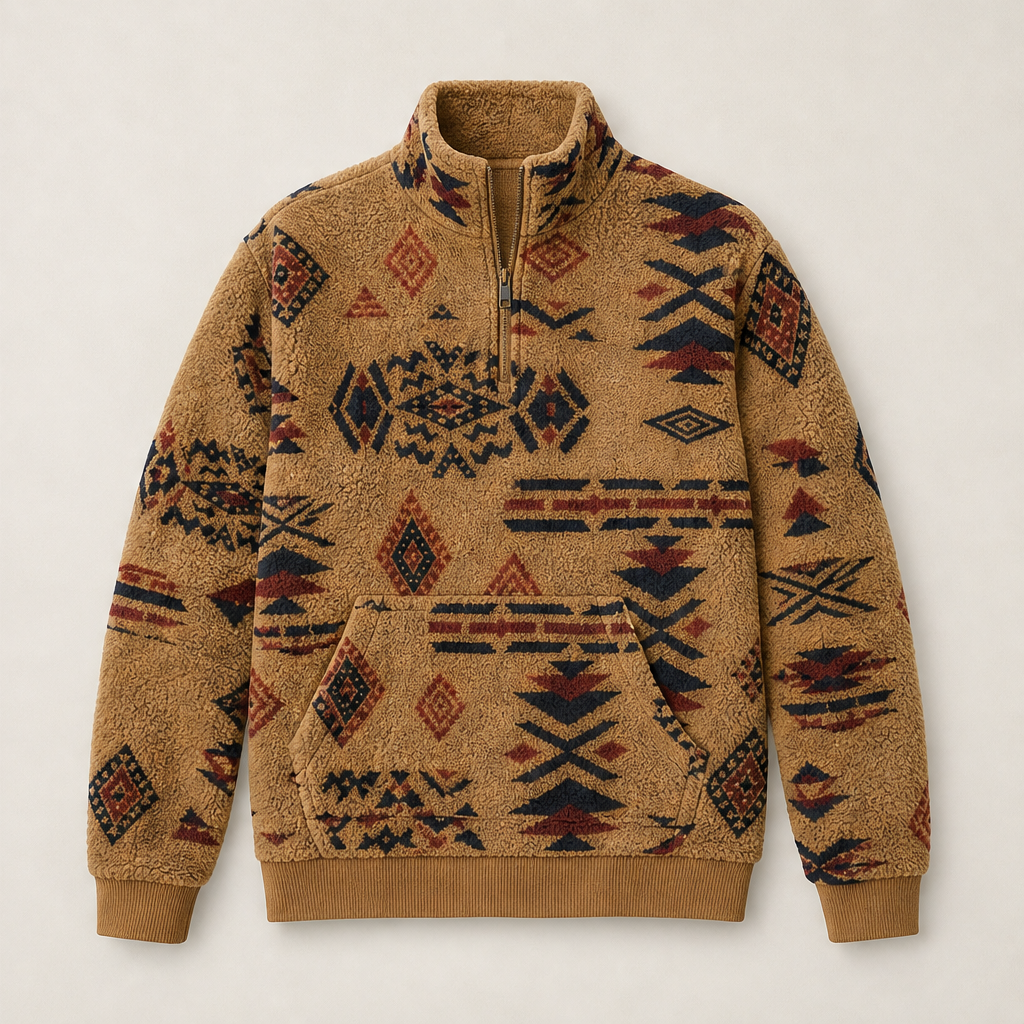 Varnecio – Felpa in Pile con Mezza Zip e Stampa Geometrica Camel