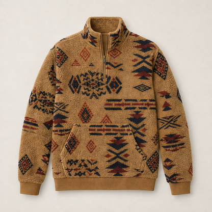 Varnecio – Felpa in Pile con Mezza Zip e Stampa Geometrica Camel