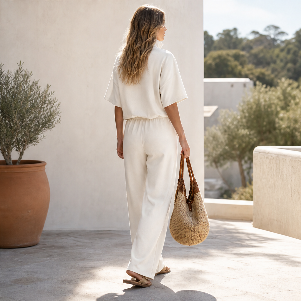 Completo Due Pezzi Color Crema con Top a Collo con Cerniera e Pantaloni | Set Casual da Donna con Pantaloni a Gamba Larga e Coulisse
