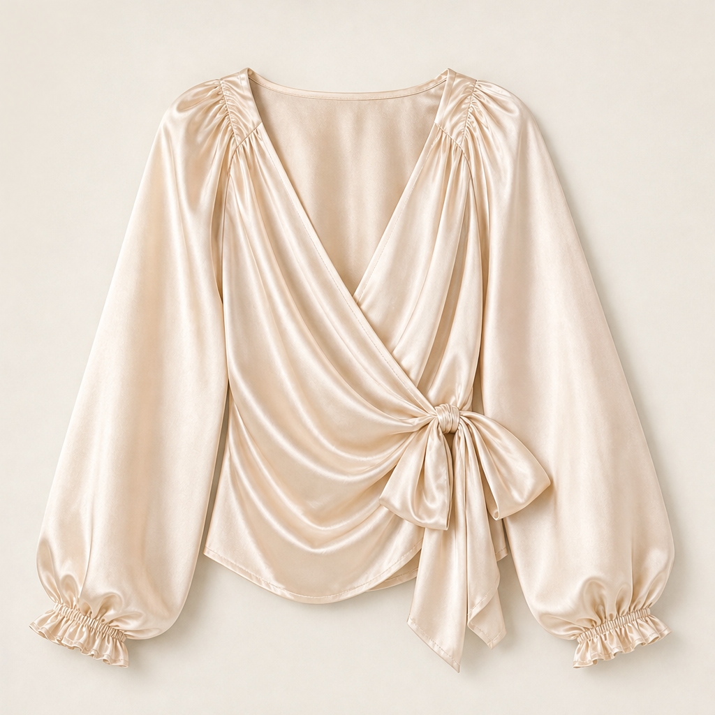 Voluetta – Blusa Incrociata in Raso con Fiocco Beige