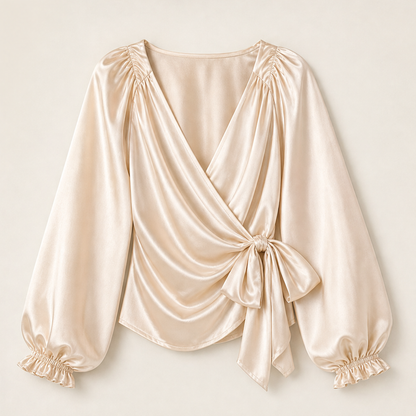 Voluetta – Blusa Incrociata in Raso con Fiocco Beige