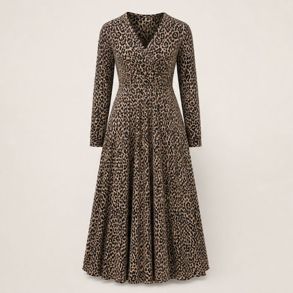 Ventalia – Abito Lungo Maniche Lunghe Leopardato Beige