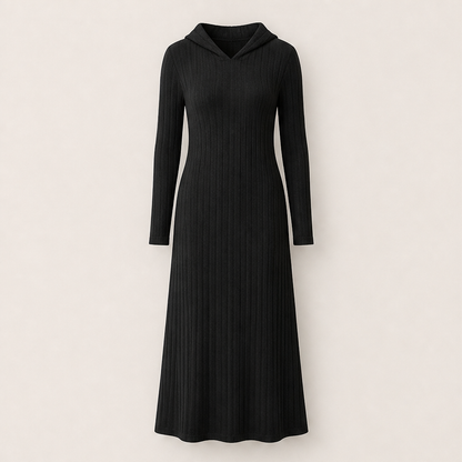 Velorena – Abito Maxi in Maglia a Coste con Cappuccio Black