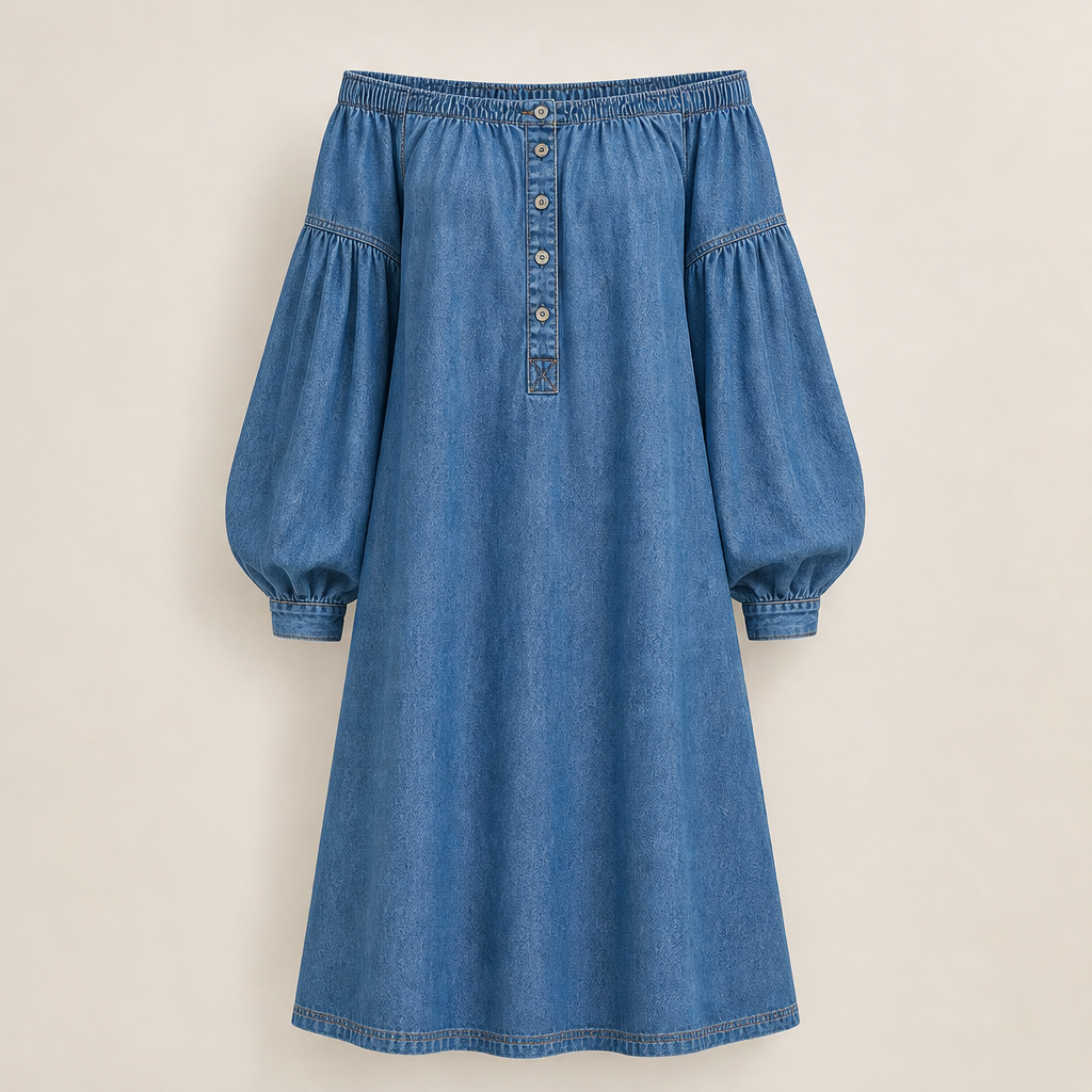 Verana – Abito Denim Spalle Scoperte Maniche a Palloncino Light Denim