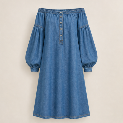 Verana – Abito Denim Spalle Scoperte Maniche a Palloncino Light Denim