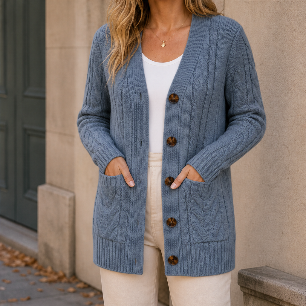 Varonia – Cardigan Midi in Maglia Trecciata Blue