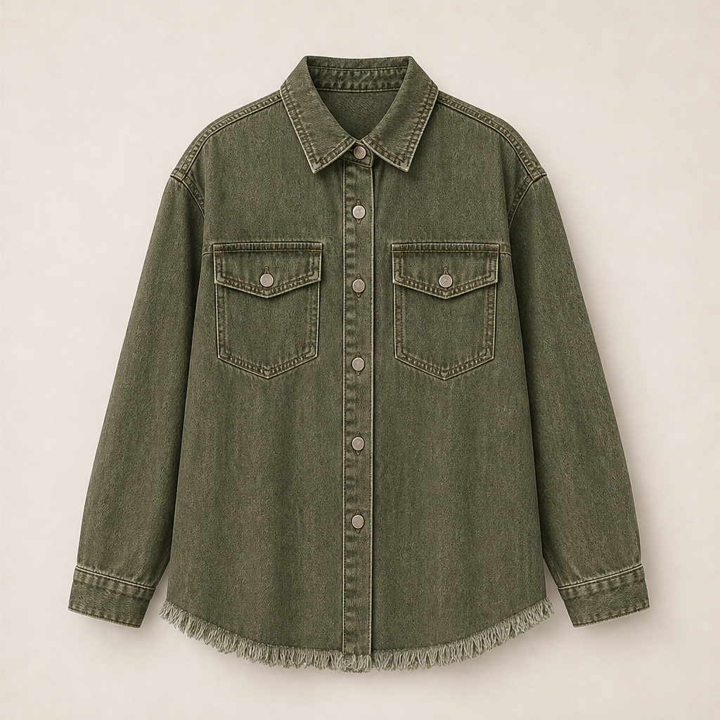 Vallesca – Giacca di Jeans Oversize Orlo Sfrangiato Olive