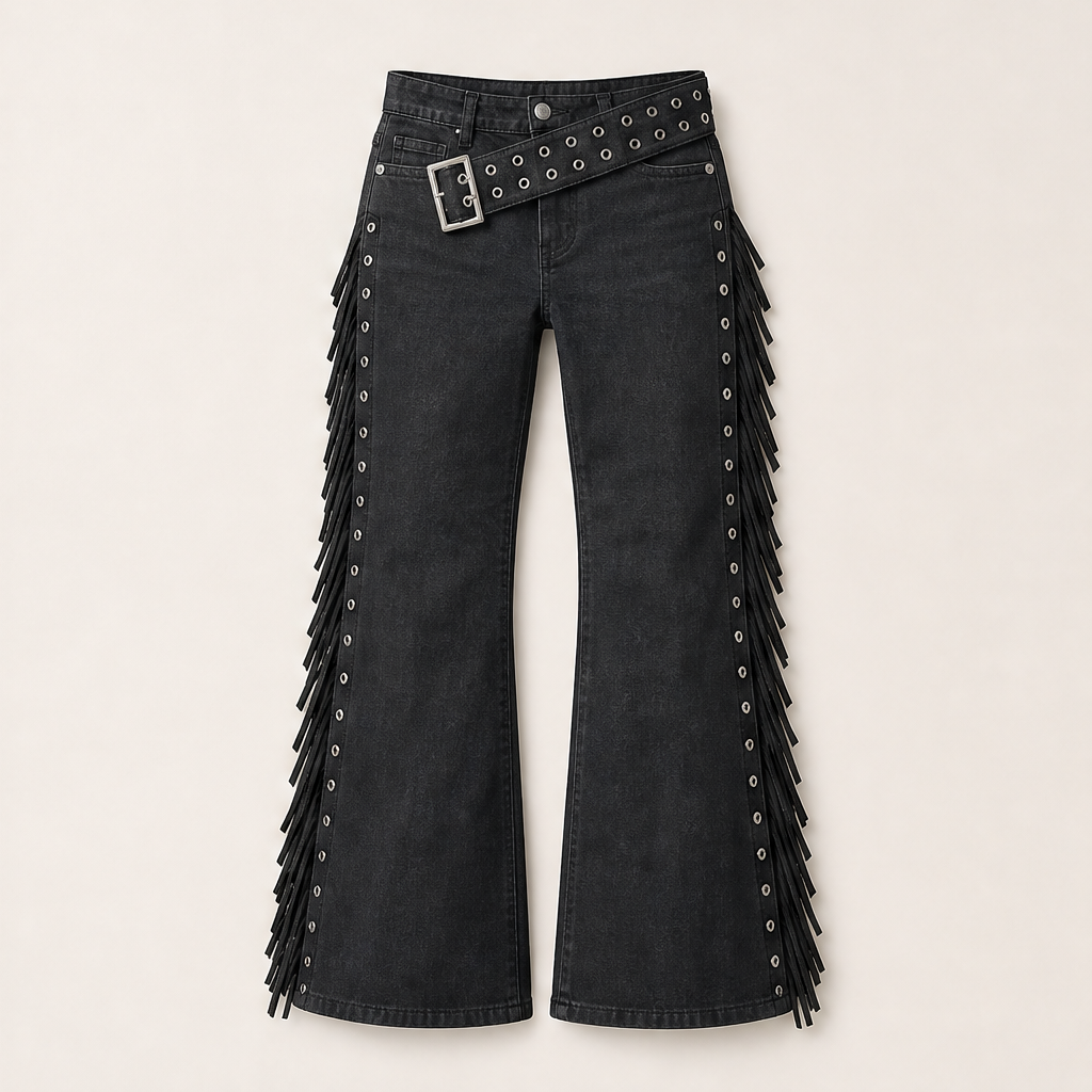 Franzella – Jeans Svasati a Frange Vita Alta Grey