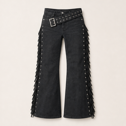 Franzella – Jeans Svasati a Frange Vita Alta Grey