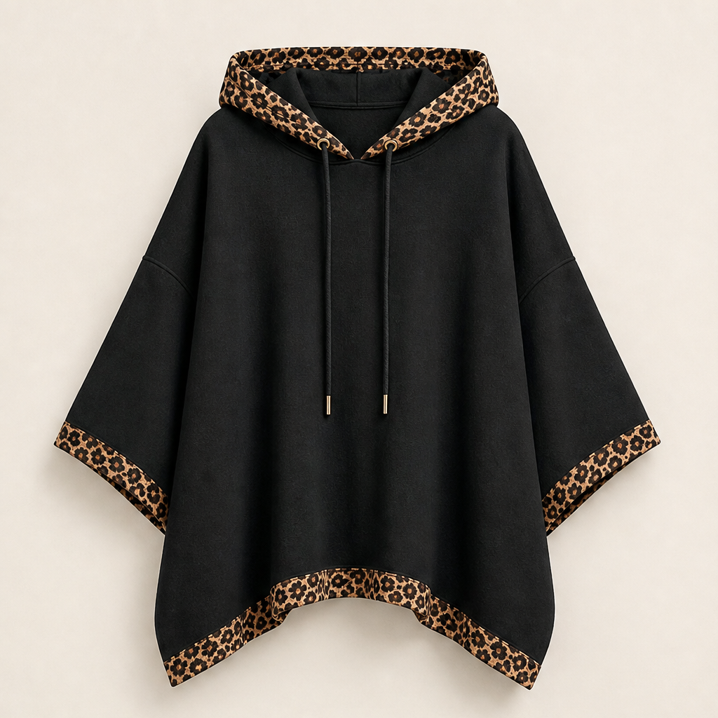 Velmora – Felpa Poncho con Bordo Leopardato Black