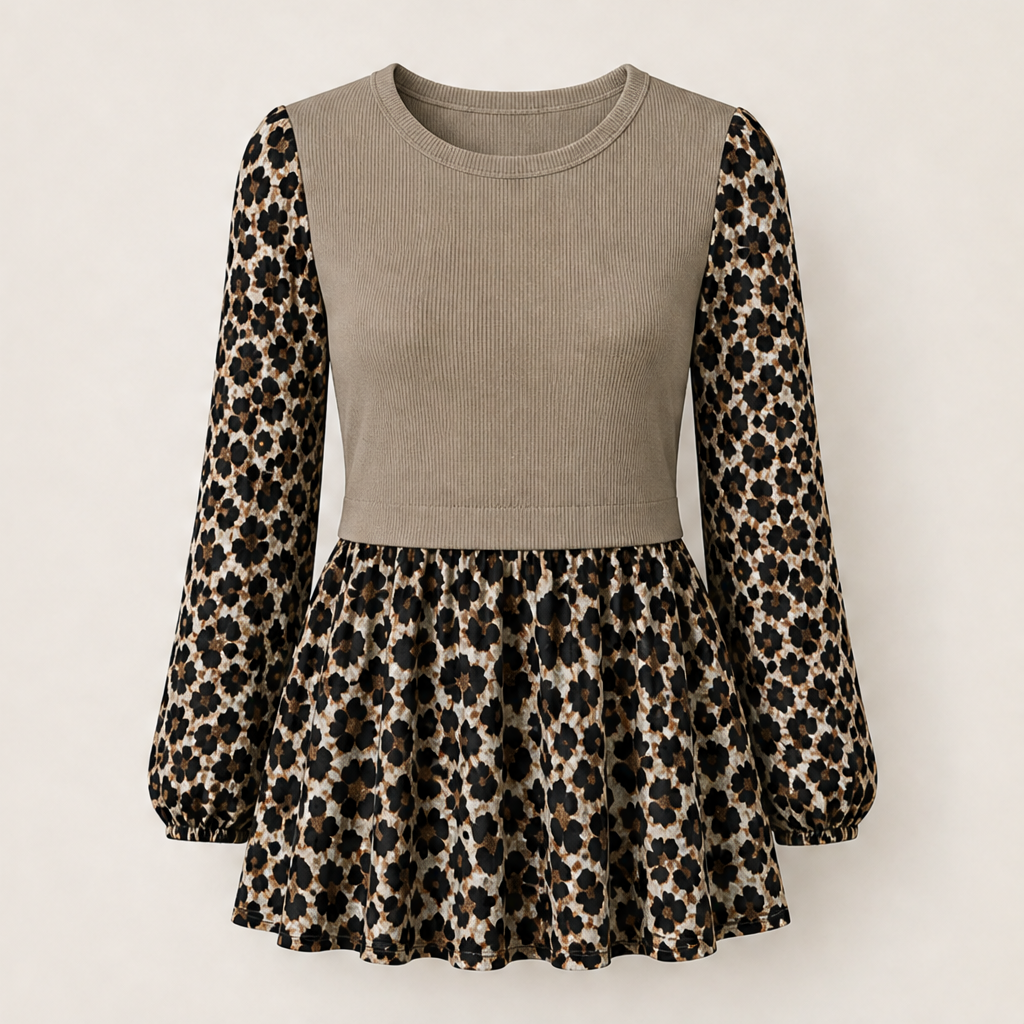 Velmara – Top Tunica a Contrasto Leopardato Beige