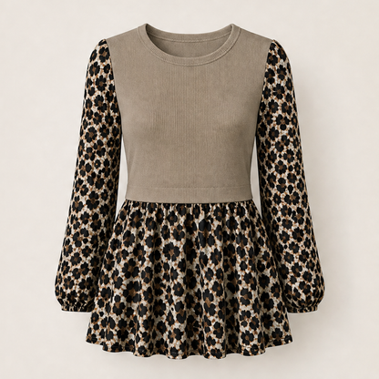 Velmara – Top Tunica a Contrasto Leopardato Beige