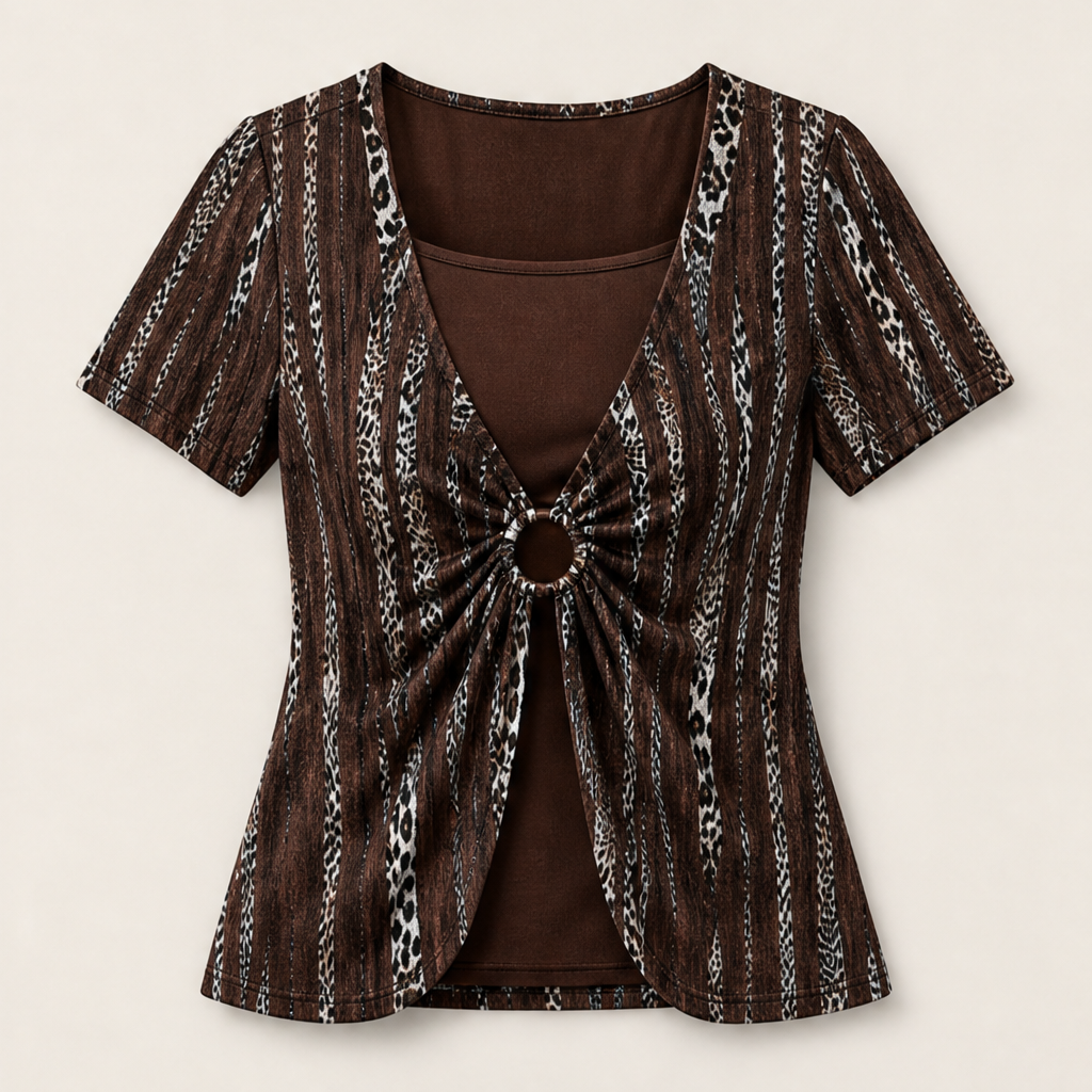 Velmora – T-Shirt Leopardato Effetto Due Pezzi con O-Ring Brown