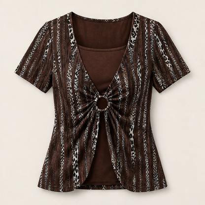Velmora – T-Shirt Leopardato Effetto Due Pezzi con O-Ring Brown