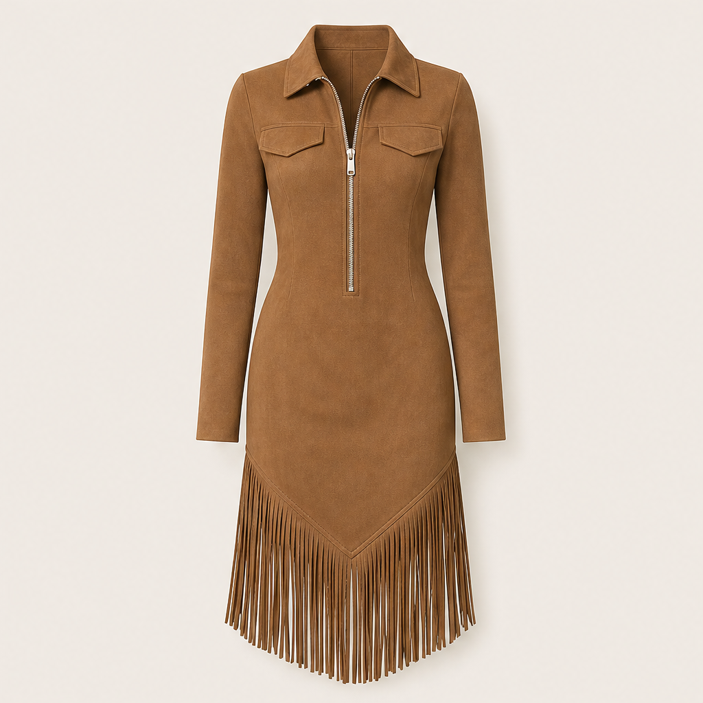 Voranza – Abito Midi Western con Frange e Zip Camel
