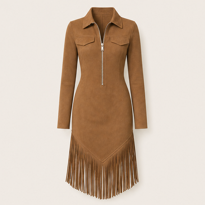 Voranza – Abito Midi Western con Frange e Zip Camel