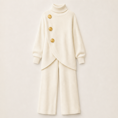 Vellucci – Completo Dolcevita con Bottoni e Pantaloni Palazzo Ivory