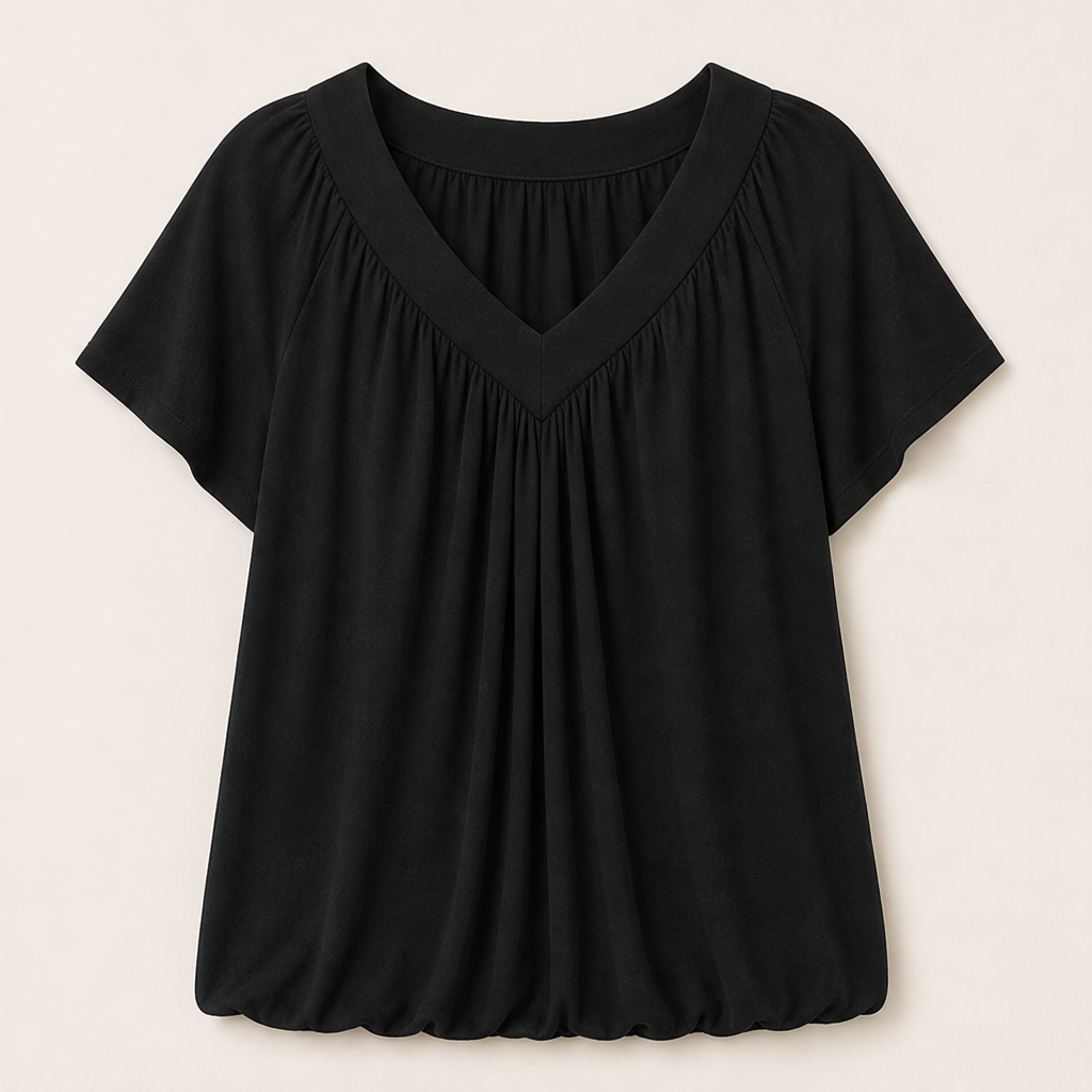 Velmora – Top Plissé Scollo a V Maniche Corte Black