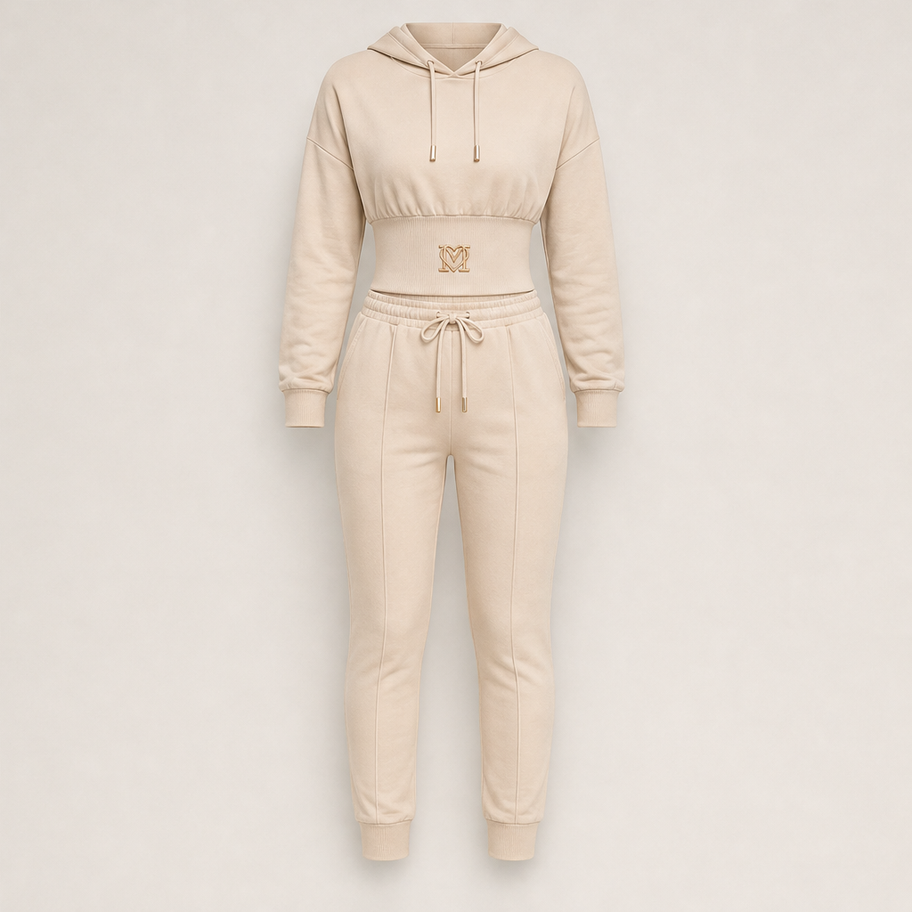 Velmora – Tuta Cropped con Cappuccio Due Pezzi Beige