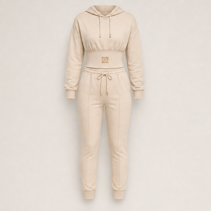 Velmora – Tuta Cropped con Cappuccio Due Pezzi Beige