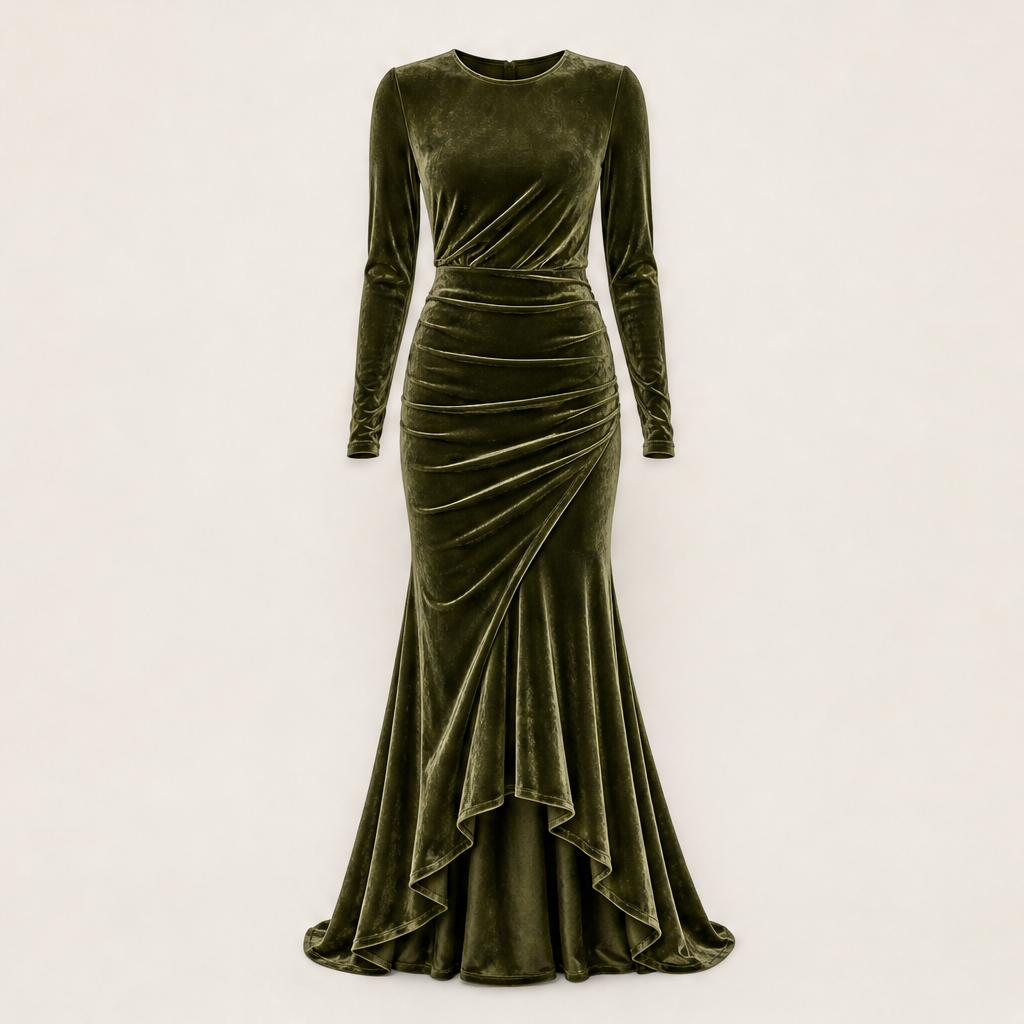 Velmara – Abito Lungo in Velluto Sirena Olive