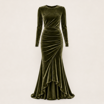 Velmara – Abito Lungo in Velluto Sirena Olive