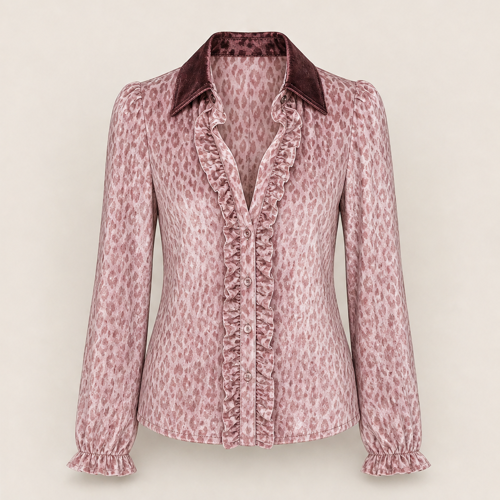 Velarosa – Camicia in Velluto Leopardata con Rouches Pink