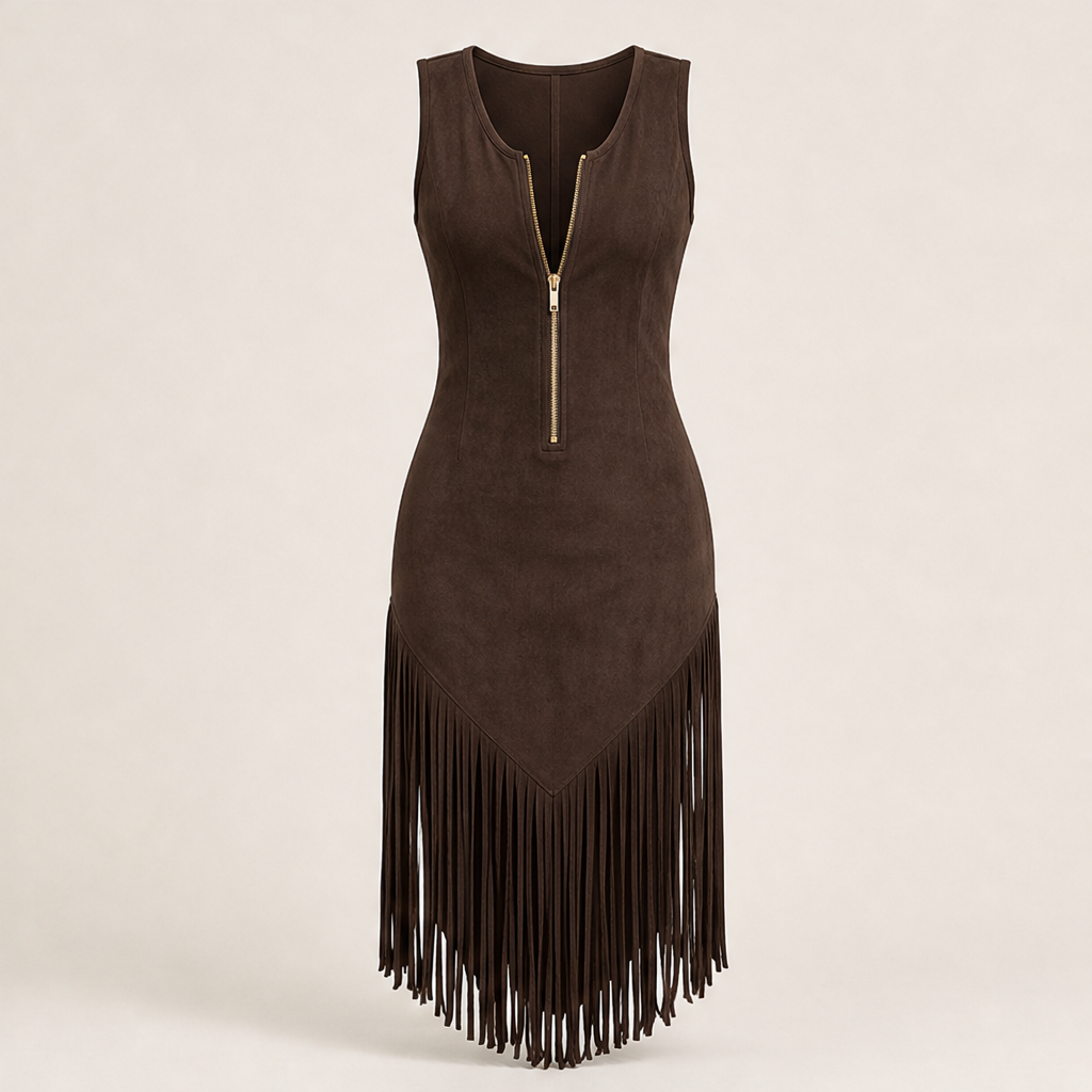Abito Western Nero con Frange | Abito Midi Aderente Senza Maniche in Stile Retrò con Cerniera Frontale e Orlo con Frange