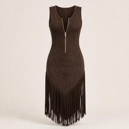 Abito Western Nero con Frange | Abito Midi Aderente Senza Maniche in Stile Retrò con Cerniera Frontale e Orlo con Frange