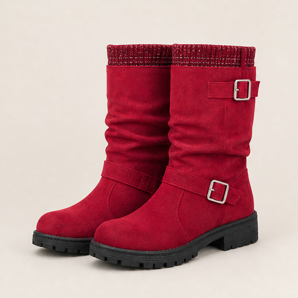 Varonne – Stivali Slouchy in Scamosciato con Fibbie Red