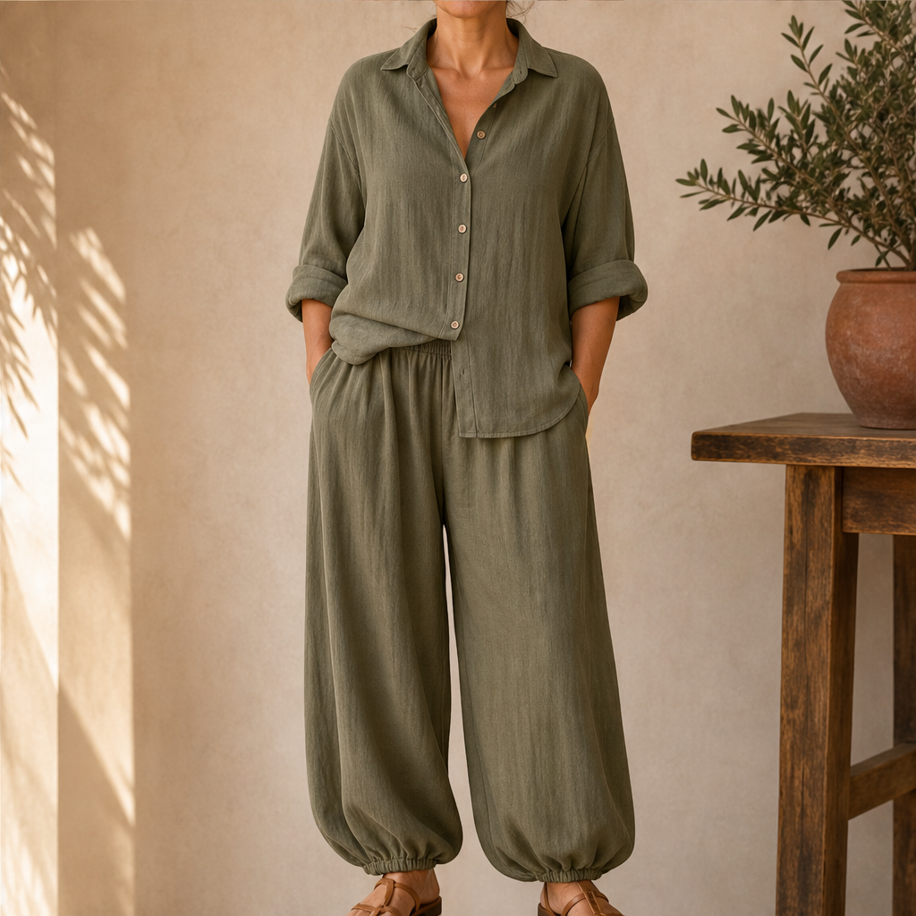 Set Camicia Oversize e Pantaloni Palazzo | Completo Donna Casual - Tessuto Fluido a Gamba Larga Olive Green