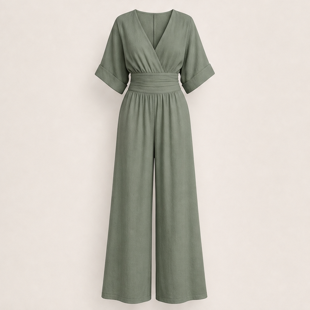 Venalia – Tuta Scollo a V Vita Alta Gamba Larga Sage Green