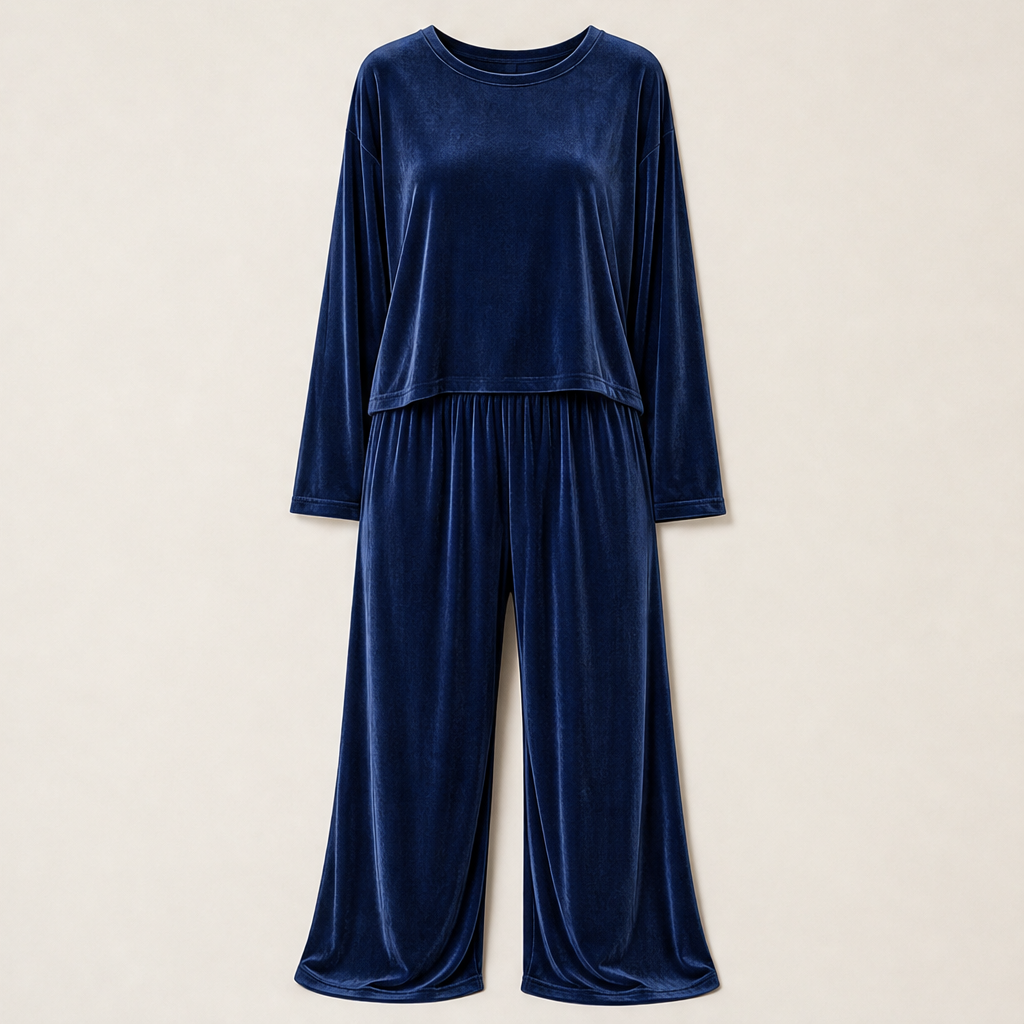 Velmora – Completo Top in Velluto e Pantaloni Palazzo Navy