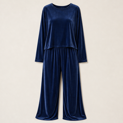 Velmora – Completo Top in Velluto e Pantaloni Palazzo Navy