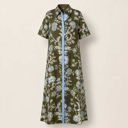 Florentia – Abito Camicia Maxi a Contrasto Floreale Olive