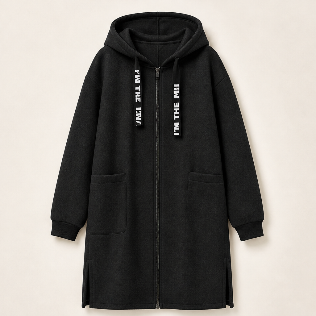 Velmora – Felpa Lunga con Cappuccio e Zip Black