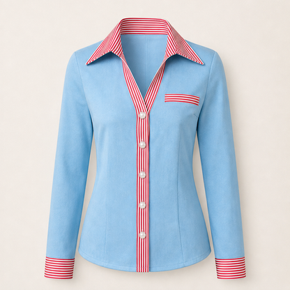 Velmira – Camicia Scamosciata Collo a V Bottoni Perla Light Blue