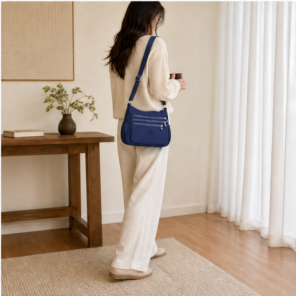 Borsa a Tracolla in Nylon Blu Navy | Borsa da Donna Leggera con Tasche Multiple – Idrorepellente