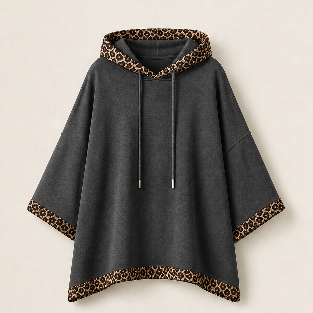 Felinora – Felpa Poncho con Bordo Leopardato Grey