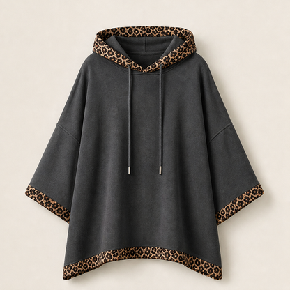 Felinora – Felpa Poncho con Bordo Leopardato Grey