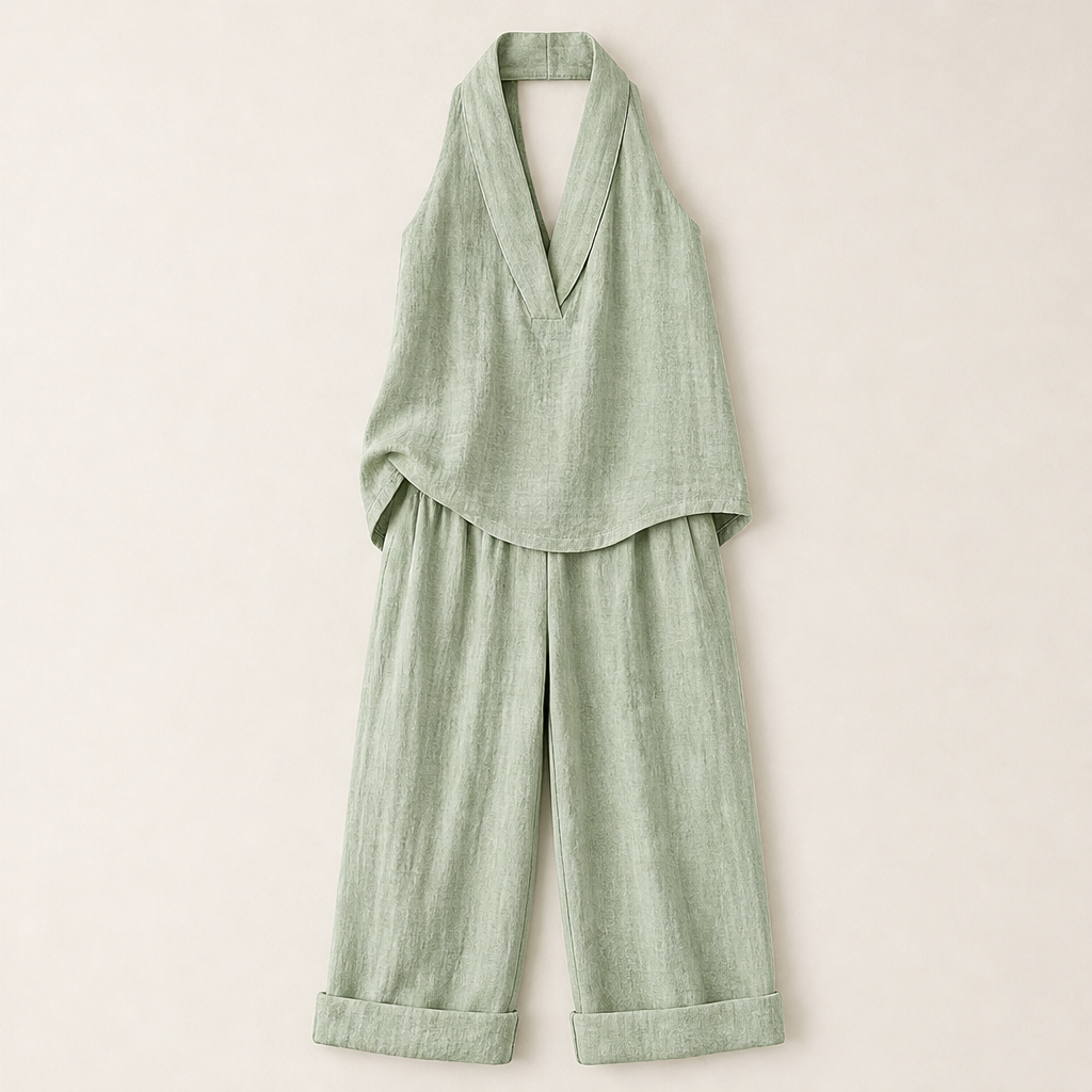 Serelia – Completo in Lino Top V e Pantaloni Larghi Sage Green